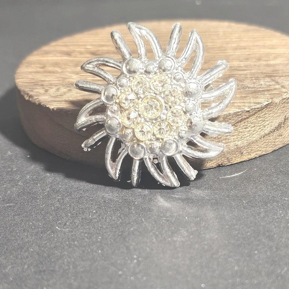 Vintage Silver Tone Rhinestone Sunburst Brooch Starburst Sunflower Pin